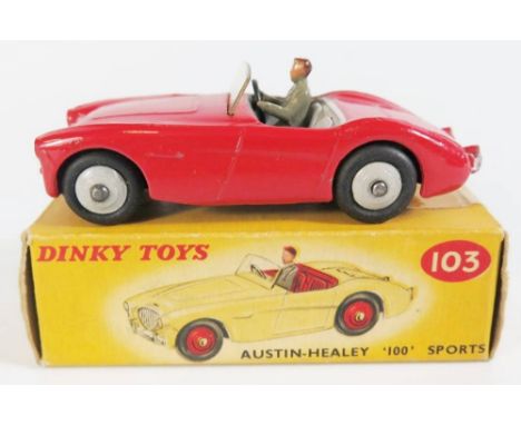 Dinky 103 Austin Healey 100 in red with grey interior, driver and hubs, boxed