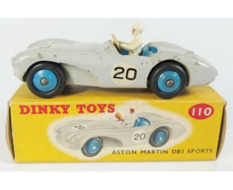 Dinky 110 Aston Martin DB3S in grey with blue interior and hubs, no.20, boxed