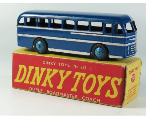 Dinky 282 Duple Roadmaster Coach in dark blue with light blue hubs and silver coachlines, boxed