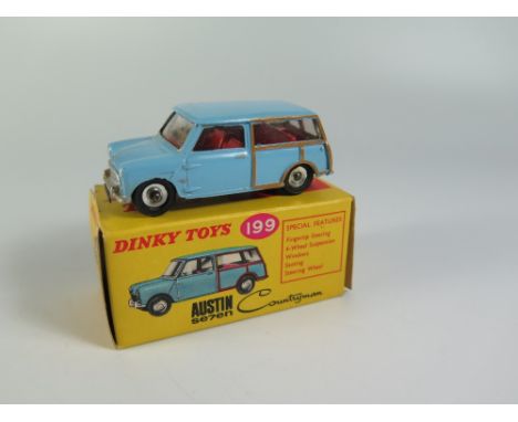 Dinky 199 Austin 7 Countryman in light blue with red interior and unusual mat base, boxed