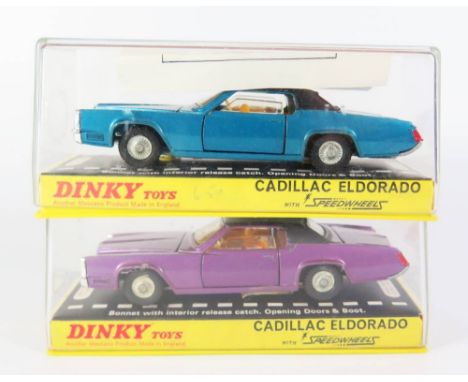 Two Dinky 175 Cadillac Eldorado Cars _ metallic blue and metallic purple, both boxed