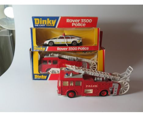 Dinky 264 Rover 3500 Police Car and two 266 E.R.F. Fire Tender (one Danish Issue unboxed and light paint loss), one boxed