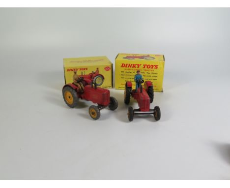 Two Dinky 300 MASSEY-HARRIS Tractor in red _ one with cast yellow wheels and the other with yellow hubs (plastic at front), i
