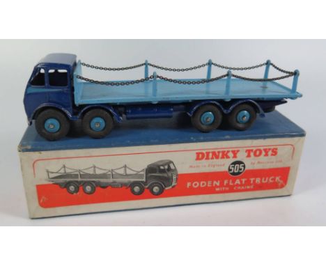 Rare Dinky 505 Foden Flat Truck with Chains 1st type with violet blue cab and chassis, light blue flash and hubs, hook, tank 