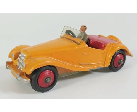 Dinky 102 MG Midget in deep yellow, red interior, red diecast hubs and grey driver