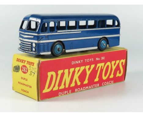 Dinky 282 Duple Roadmaster Coach in dark blue with light blue hubs and silver coachlines, boxed