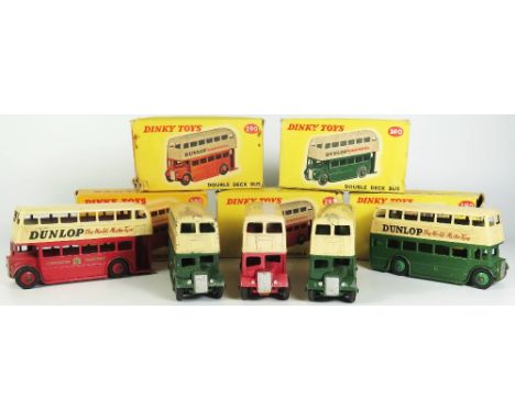 Two Dinky 290 Double Decker Buses 'DUNLOP' - in red and cream boxed and two with no decals two in green and cream boxed and t