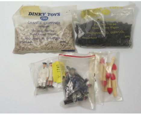 Dinky 007 Petrol Pump Attendants, 008 Figures without hoses, 790 Granite Chippings in original bag, 791 Coal in original bag 