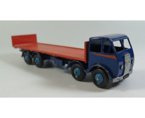 Dinky 503 Foden Flat Truck with Tailboard 1st type dark blue cab and chassis, orange flash and flatbed and light blue hubs, b