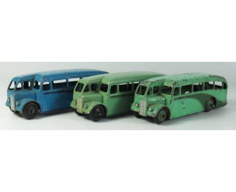 Three Dinky 29e Single Deck Buses _ one light green and hubs with dark green flash, anoither light green with dark green flas