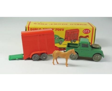 Dinky 073 Land Rover and Horse Trailer (with horse) with green car and orange trailer with smooth wheels