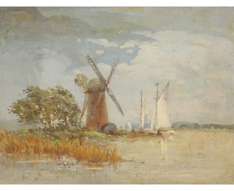 Circle of Charles M Wigg, Wherries passing a windmill, oil on panel, along with another of cottages on the broads, 7.25  x 9.