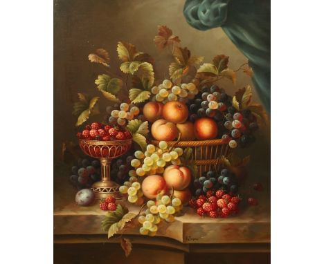 20th century school, A still life of mixed fruit on a marble ledge, oil on panel, signed  R. Caspar , 24  x 20 .
