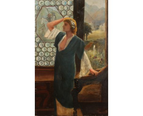 A classical full-length portrait of a maiden in a medieval setting, oil on canvas, 32  x 21 .