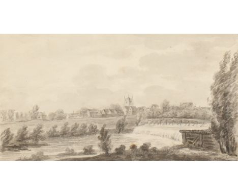 Circle of J M W Turner, A weir on the Thames, grey wash on wove paper, inscribed 'Reading Berkshire' in pencil, 4.5" x 8", (u