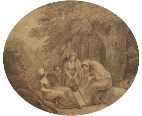 18th century scene of figures cooking around a campfire, print, verre eglomise frame, 12  x 14 , oval.