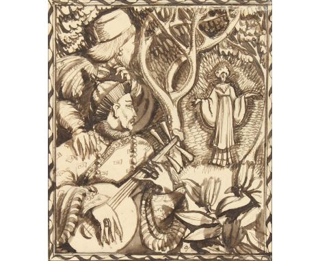 Modern British, Oriental fantasy (said to be Marco Polo), pen + ink, inscribed and indistinctly signed in pencil to mount, 4.