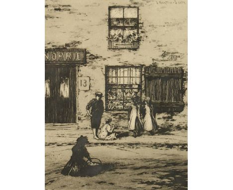 J. Beattie Scott (c. 1865-1937) children outside a shop with two other architectural etchings by different hands, two signed 
