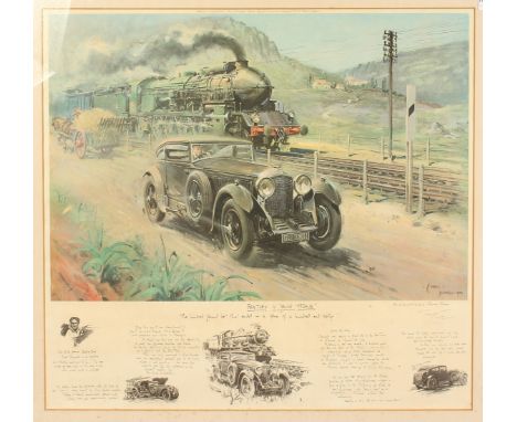 Terence Cuneo (1907-1996) British,  Bentley v Blue Train , a coloured print signed in pencil, 29  x 28 .
