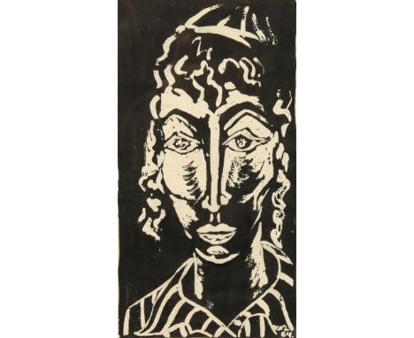 Batia Ouziel, A bust portrait of a Jewish youth, Linocut, dated  64 , 11  x 5.75 .