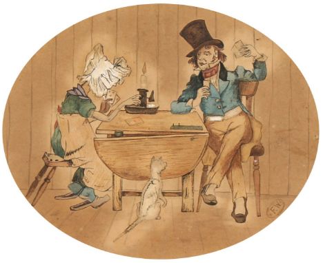 19th century, 'Dick Livireller and the Marchioness at Cribbage', An oval card playing scene, print with hand colouring, unfra