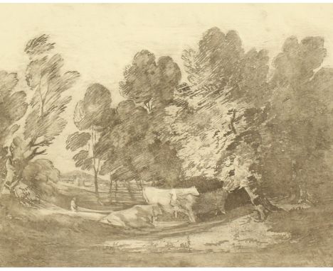 After Thomas Gainsborough, Cattle in a wooded landscape etching with the number 11 in the top left-hand corner within the pla