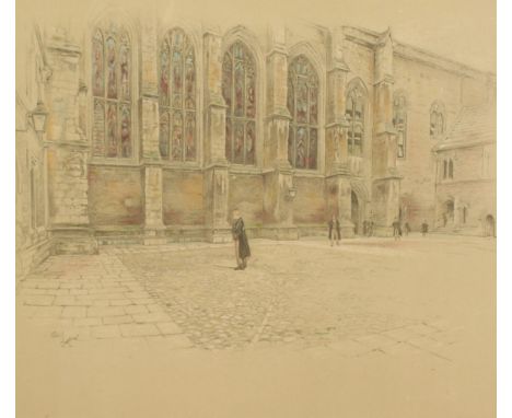 Cecil Aldin (1870-1935) A gentleman in a courtyard before an ecclesiastical building exterior, coloured print, signed in penc