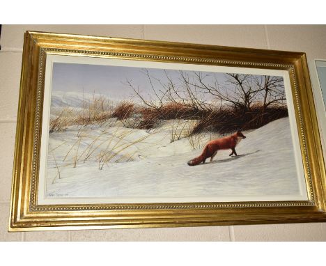 PETER MUNRO 'PAWS IN THE SNOW', a print on canvas board of a fox in a Winter setting, Rosenstiels label verso, gilt framed, a