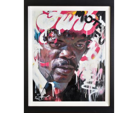 ZINSKY (CONTEMPORARY), 'Jules Winfield', a portrait of the pulp fiction hitman, signed bottom right, mixed media on canvas, f