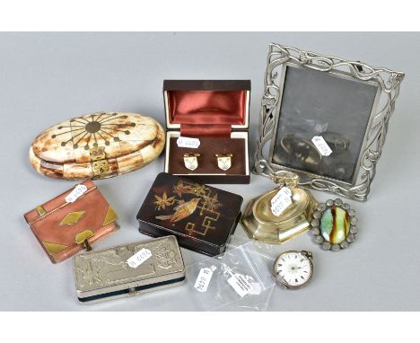 A SMALL SELECTION OF MISCELLANEOUS ITEMS, to include an early 20th Century silver open face pocket watch, a spoon charm, stam