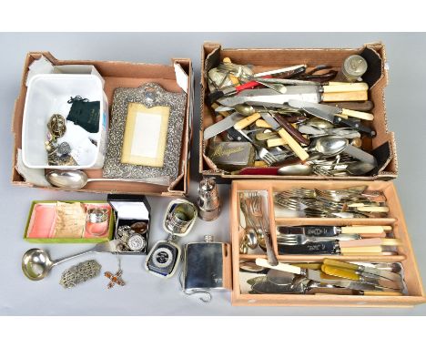 TWO SMALL BOXES OF MISCELLANEOUS ITEMS, to include a pair of silver napkin rings, a late Georgian large silver spoon, an Edwa