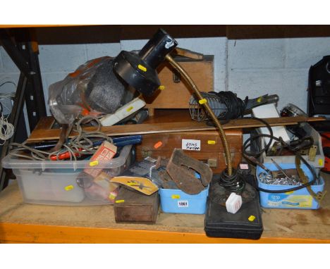 A QUANTITY OF OLD HAND TOOLS, lamps, wooden boxes and a sash clamp