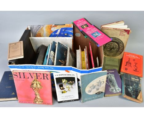 A BOX OF BOOKS AND CATALOGUES ETC RELATING TO SILVER AND GOLD, including Birmingham Gold and Silver 1773-1973, and The Great 