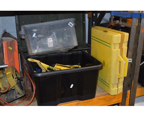 AN AMMO BOX AND TWO BOXES OF HAND TOOLS and a NuTool bench grinder