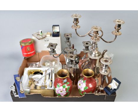 A BOX OF MISCELLANEOUS ITEMS, to include two plated candelabras, a plated candlestick, a plated coffee pot, a plated hot wate