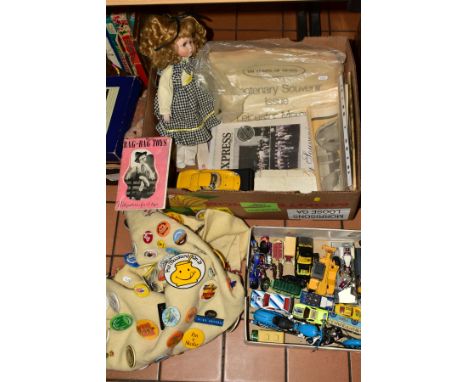 TWO BOXES OF SUNDRY ITEMS, to include die-cast vehicles, model motorbikes, collection of badges (mixed subjects including sev