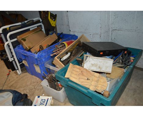 THREE BOXES AND A CHEST OF FIVE DRAWERS containing vintage hand tools including corner clamps, rasps, a small anvil, files, m