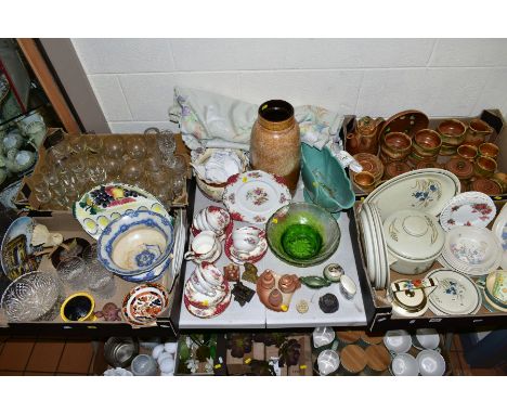 FOUR BOXES AND LOOSE CERAMICS, GLASS, LINEN etc, to include Paragon 'Rockingham' teaset, Carltonware shell shaped cruet set, 