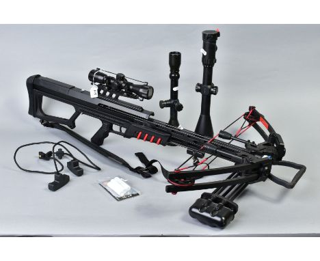 AN ANGLO ARMS MODEL 'THE LEGEND' COMPOUND CROSSBOW, fitted with a 4x32 scope, together with three bolts, a Butlers Creek 4-16