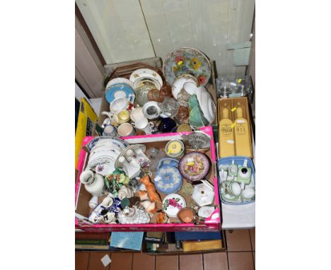 TWO BOXES AND LOOSE CERAMICS AND GLASS, etc, to include Royal Doulton blue Jasper, three cups and saucers with B.F.B. backsta