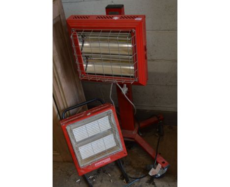 A SEALEY CH2800 CERAMIC HEATER ON FLOOR STAND, height 57cm and a Tansun Quartz Heat CH030 heater on wheeled stand, height 115