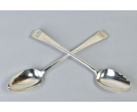 A PAIR OF GEORGE IV SILVER OLD ENGLISH PATTERN BASTING SPOONS, engraved monograms, maker Jonathon Hayne, London 1824, 7.23ozt