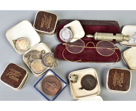 A SELECTION OF MEDALS etc, to include five early 20th Century silver medals, all with silver hallmarks, approximate total wei