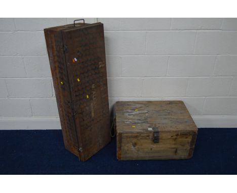 A VINTAGE WOODEN CRATE, with twin rope handles and a tin trunk (2)Condition Report     Width 69cm x depth 50cm x height 36cm 