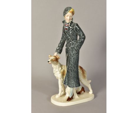 A GERMAN ART DECO STYLE PORCELAIN FIGURE GROUP, of a lady with Borzoi dog, impressed No.184I and stamped Germany 22 to base, 