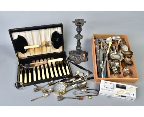 TWO BOXES OF MISCELLANEOUS ITEMS, to include silverware, a set of six decorative teaspoons engraved with swallows and flowers