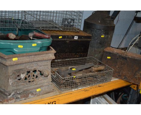 A DEED BOX, PLASTIC BOX AND METAL BOX containing a variety of hand tools, a rodent trap, cast iron fire place insert and a vi