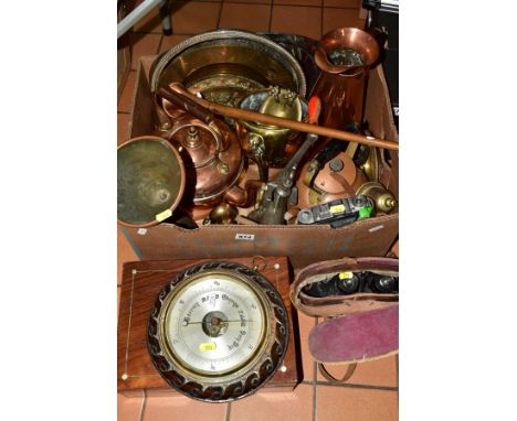 A BOX AND LOOSE BRASS AND COPPER, etc, to include copper kettle, funel, hunting horn, jug, brass trays, bells, planters, bowl