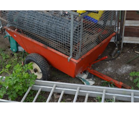 A SAXON RIDE ON LAWN MOWER TRAILER badged model 70 in red with wire front, sides and back door, length 120cm x width 80cm x h