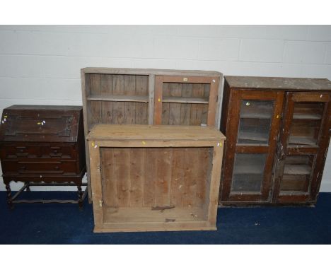 A QUANTITY OF DISTRESSED FURNITURE to include an Edwardian wardrobe, oak fall front bureau, three various bookcases, chest of